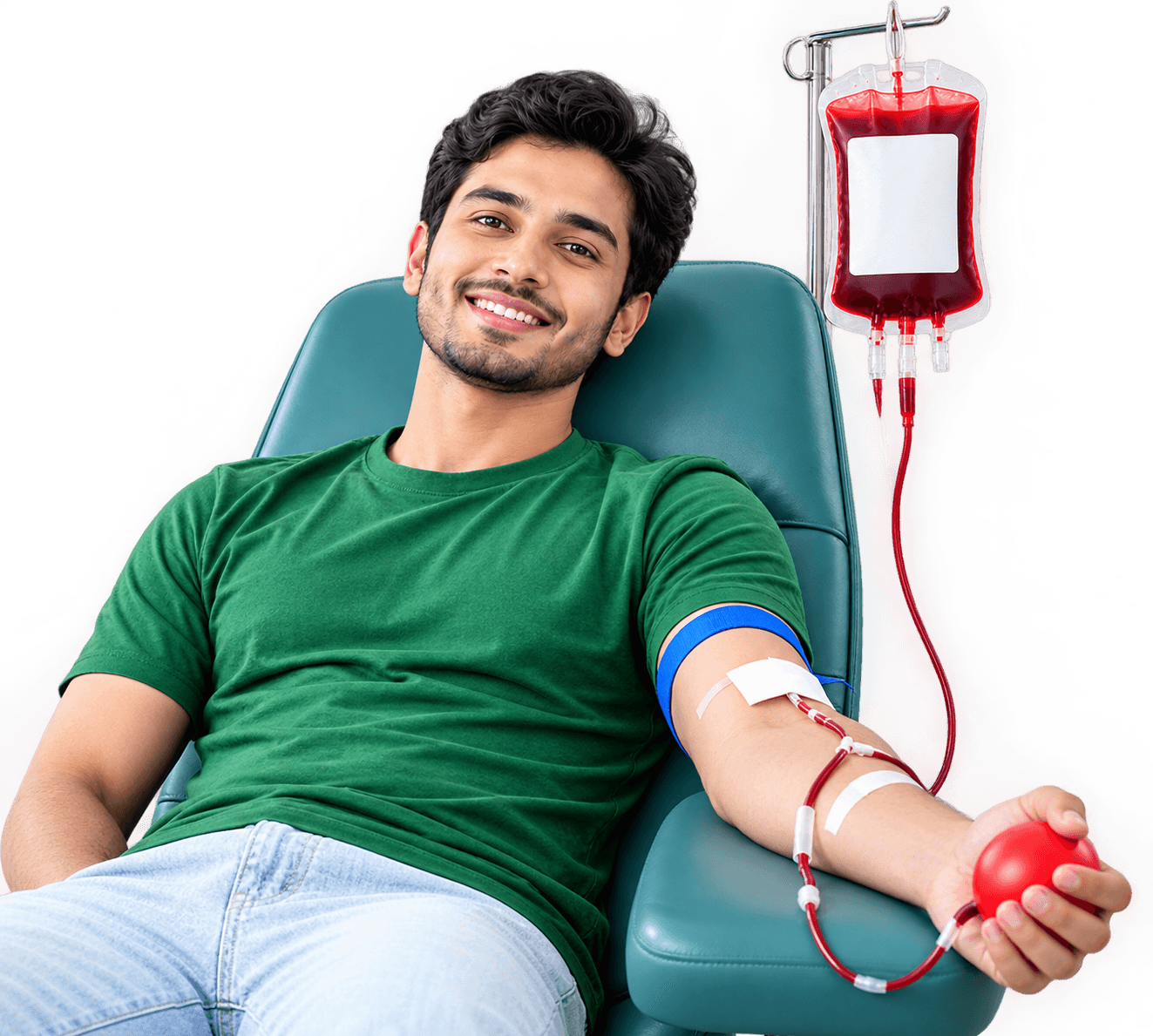 Smiling blood donor with a collection bag